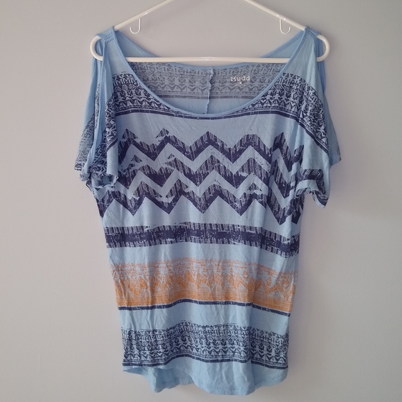 Mudd Short-Sleeve Cold Shoulder T-Shirt Scoop-neck Blue Orange Medium - Picture 7 of 7
